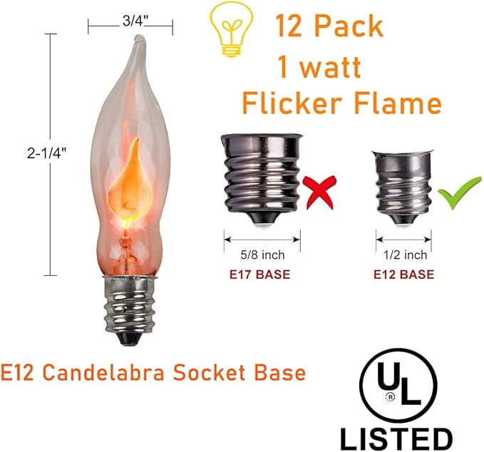 12 Pack Flicker Flame Light Bulb Realistic Flame Shaped Bulb Flickering Orange for Christmas Indoor Outdoor Decor 1w, 120 Volt E12 Flame Candelabra Light Bulbs Suit for C18 String Lights