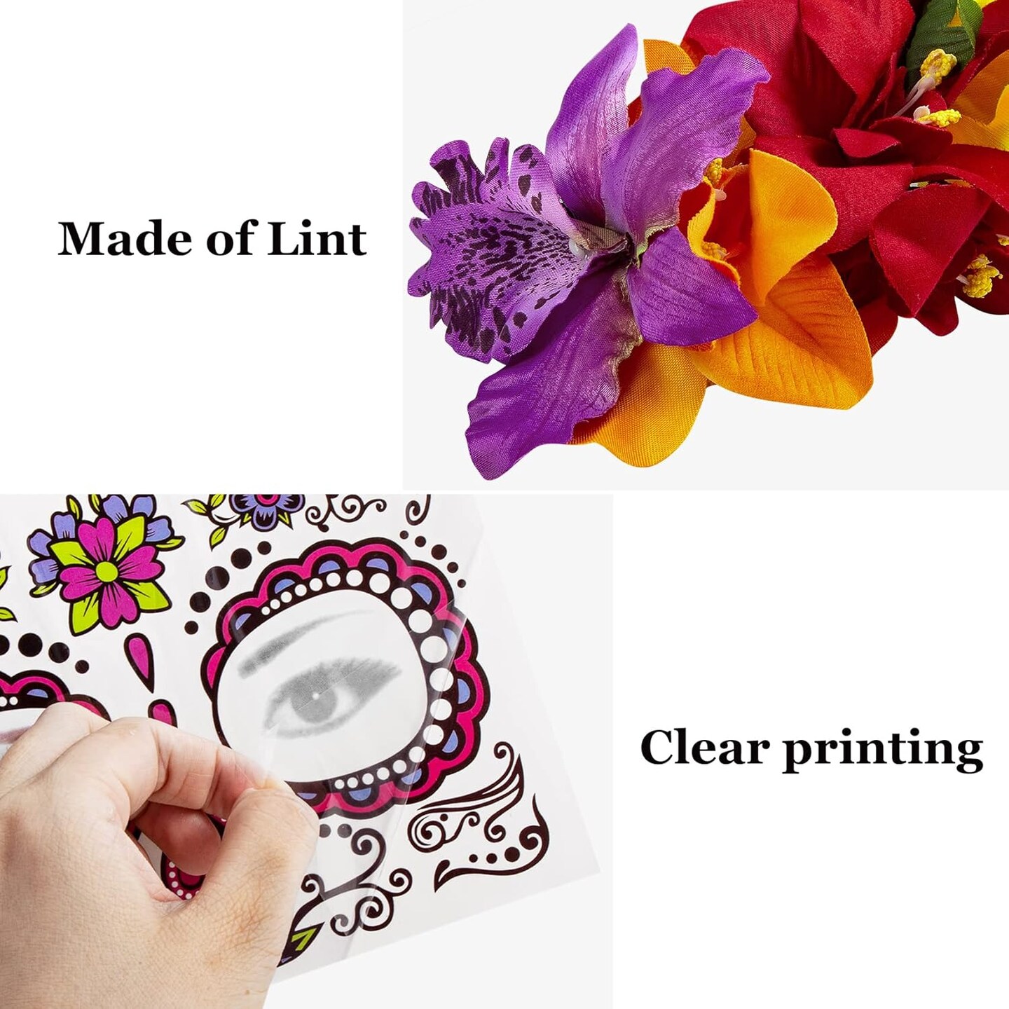 Rose Flower Halloween Headband &#x26; Day of the Dead Face Tattoos, Temporary Tattoo Stickers and Mexican Floral Headpiece for Halloween Costumes Party Supplies Cosplay Festival , Day Of the Dead headband