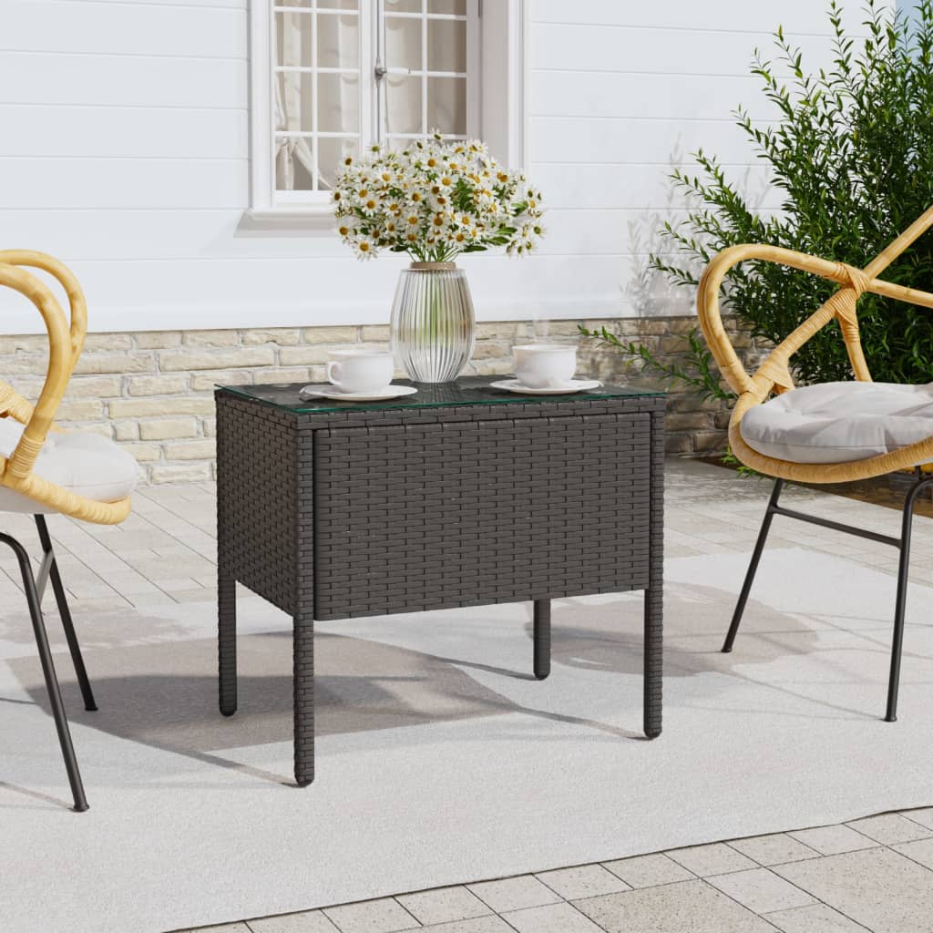 vidaXL Side Table Black Poly Rattan and Tempered Glass