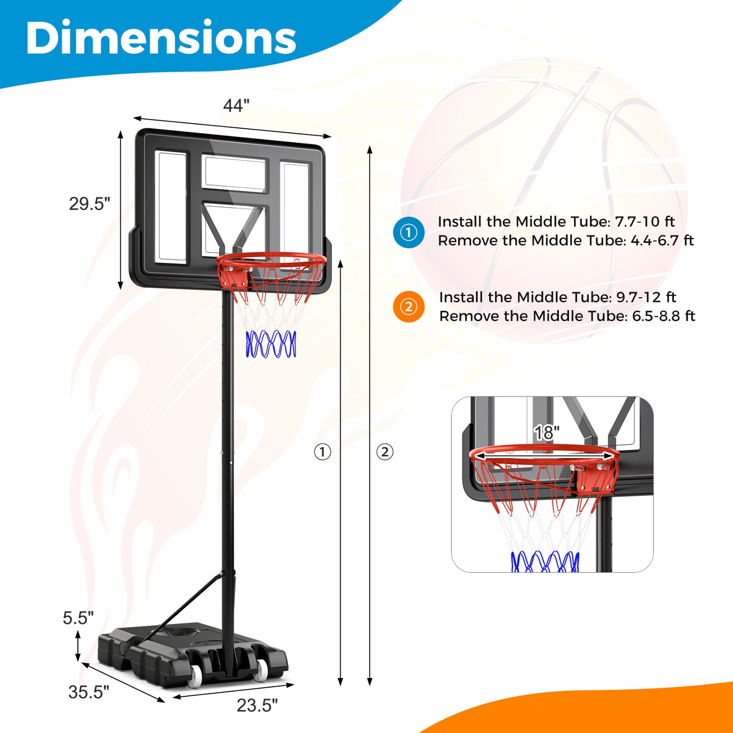 Black Portable 4.4-10FT Adjustable Basketball Hoop with 2 Wheels Fillable Base