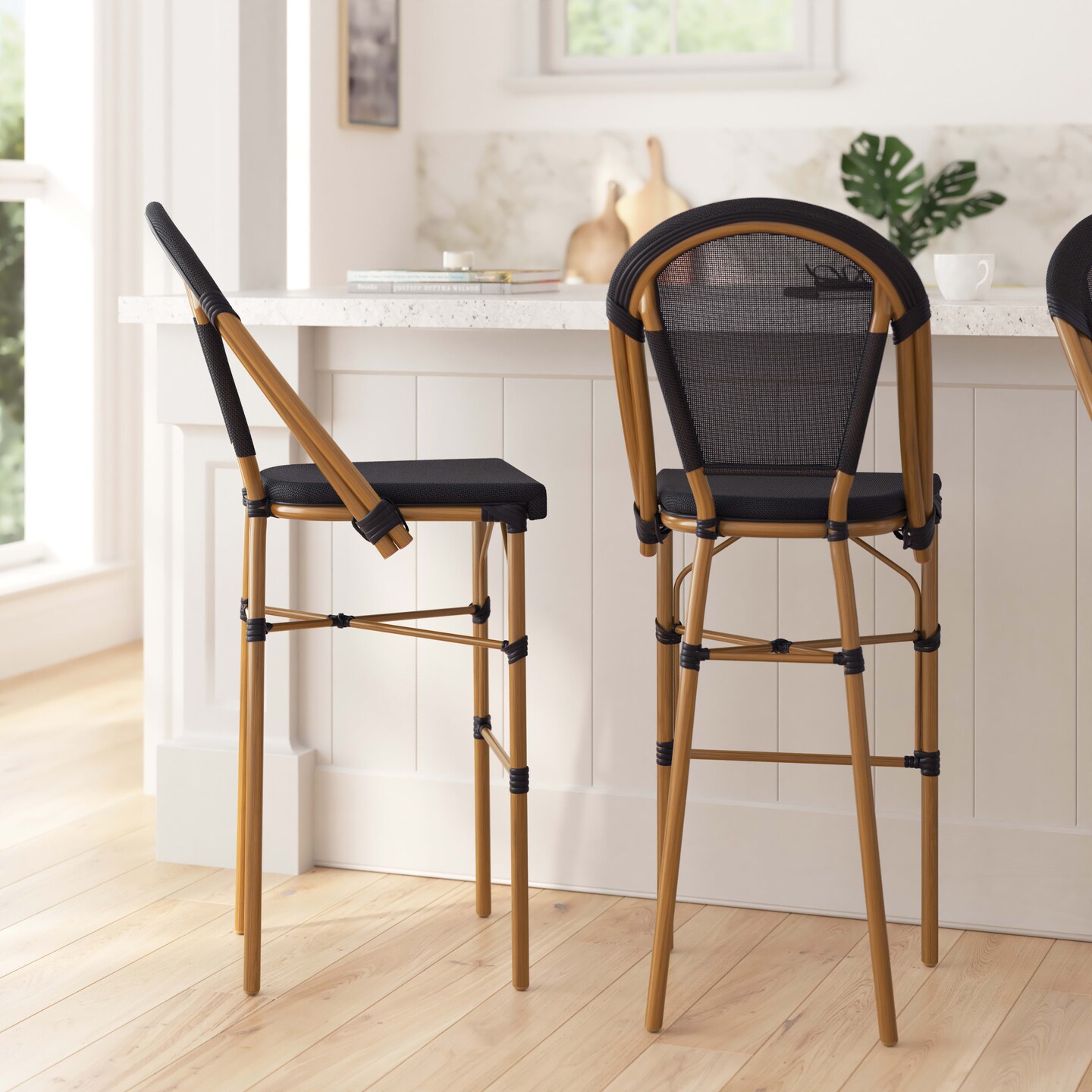 Merrick Lane Mael Set of Two Stacking Bistro Style Bar Stools with Textilene Backs and Seats and Metal Frames for Indoor/Outdoor Use