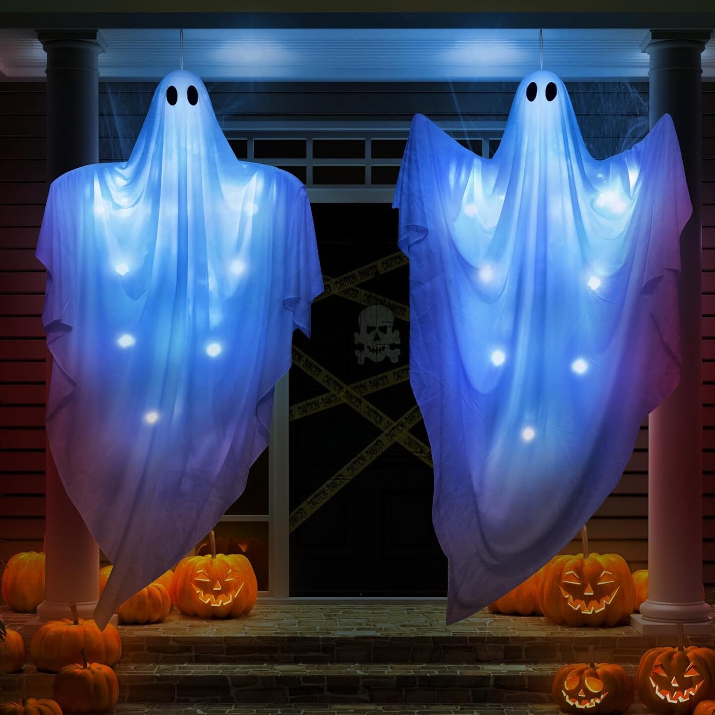 Large Size White Spooky Hanging Ghosts with Blue LED Lights Indoor Outdoor Front Yard Tree Porch