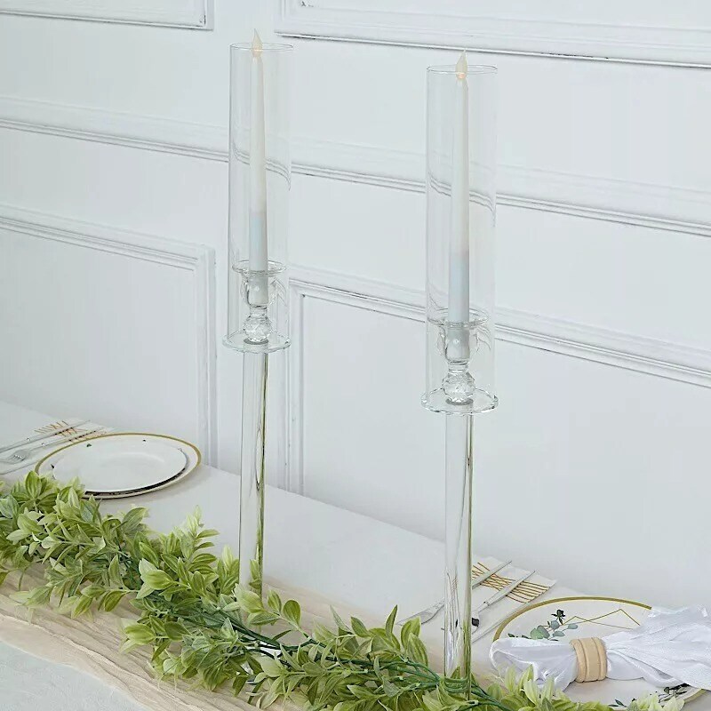 2 Clear 26&#x22; Crystal Hurricane Taper Candle Holders Cylinder Glass Shades Party