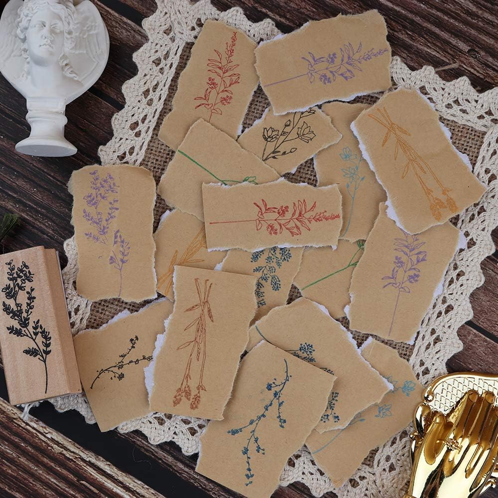 8 Pieces Wood Mounted Rubber Stamps, Plant and Flower Decorative Wooden Rubber Stamp Set for DIY Craft, Diary and Craft Scrapbooking