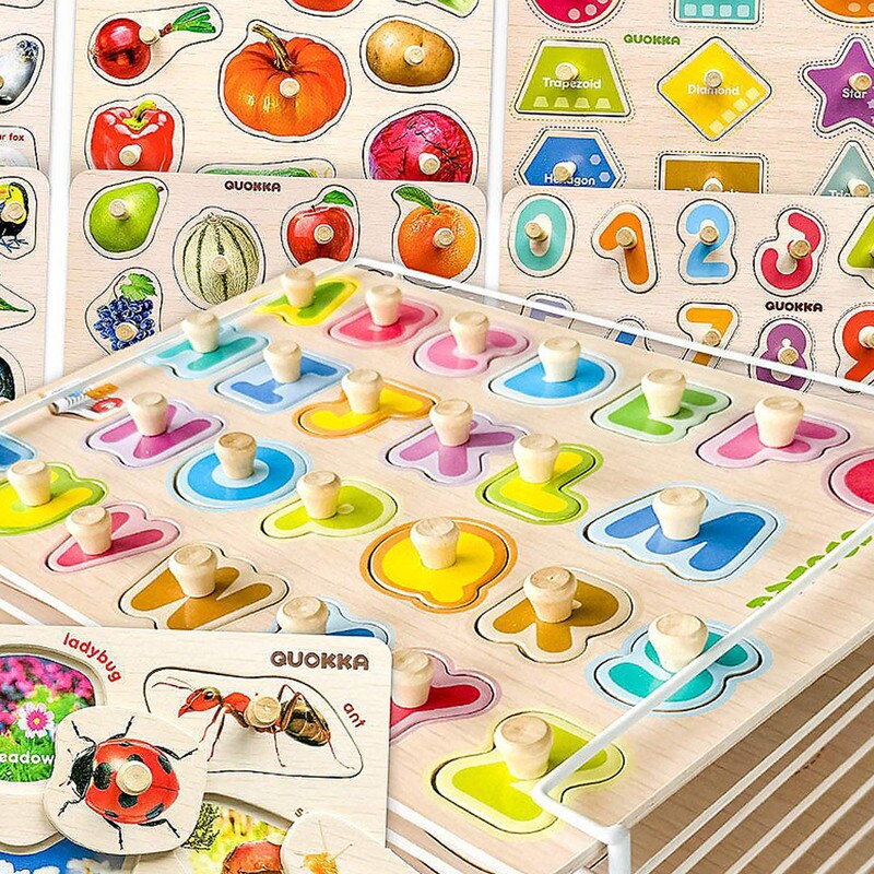 8x Wooden Puzzles Alphabet Numbers &#x26; Animals Toddler Learning Set with Rack