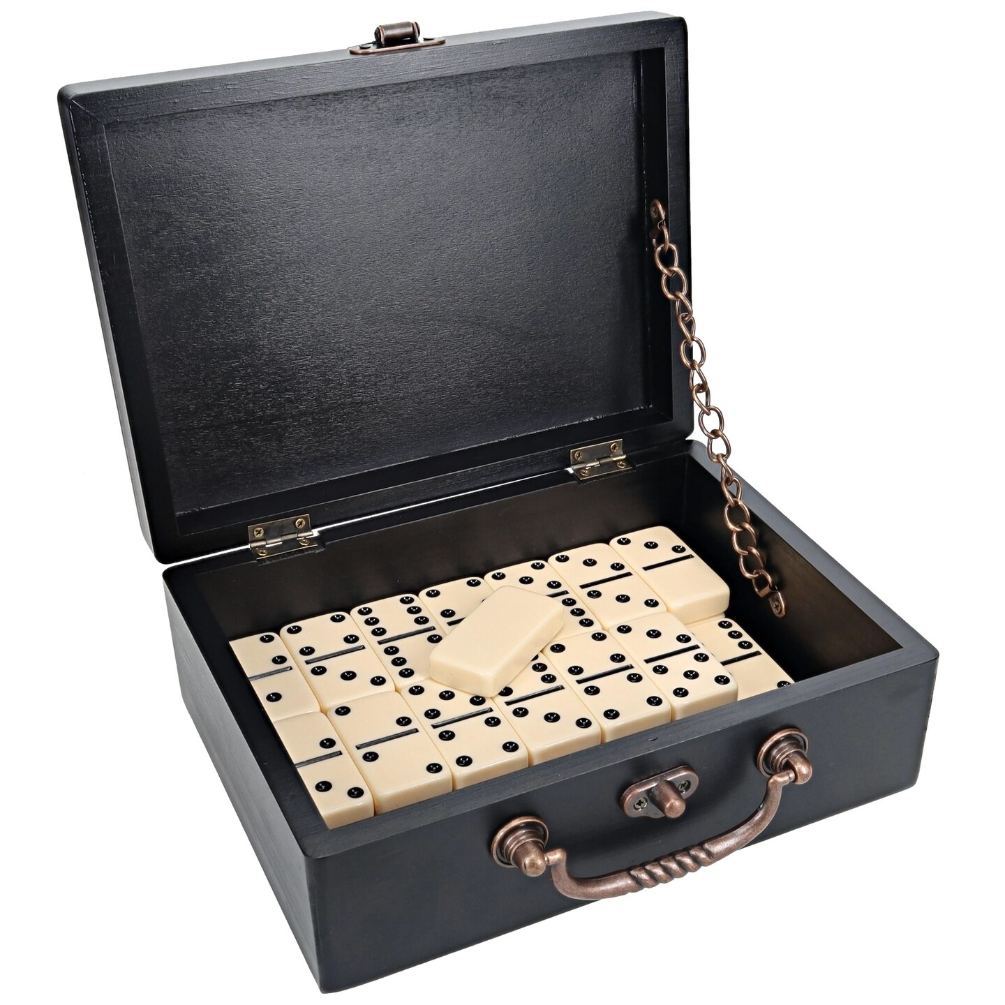 WE Games Double 6 Dominoes with Wooden Treasure Box, Color: Black