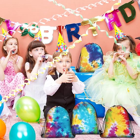 24 Pcs Tie Dye Party Favor Bags - 11.8 Inch Drawstring Backpack Goodie Gift Bags for Birthday Party Supplies