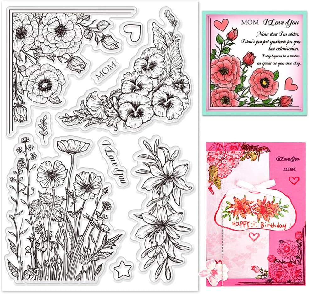 Spring Flowers Clear Stamps for Mother&#x27;s Day Card Making - Rose Silicone and Lily Rubber Floral Corner Stamp