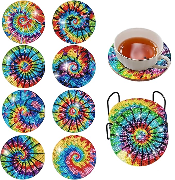 8-Piece Tie Dye Diamond Painting Coasters with Holder – Fun DIY Craft Gift for Adults & Kids