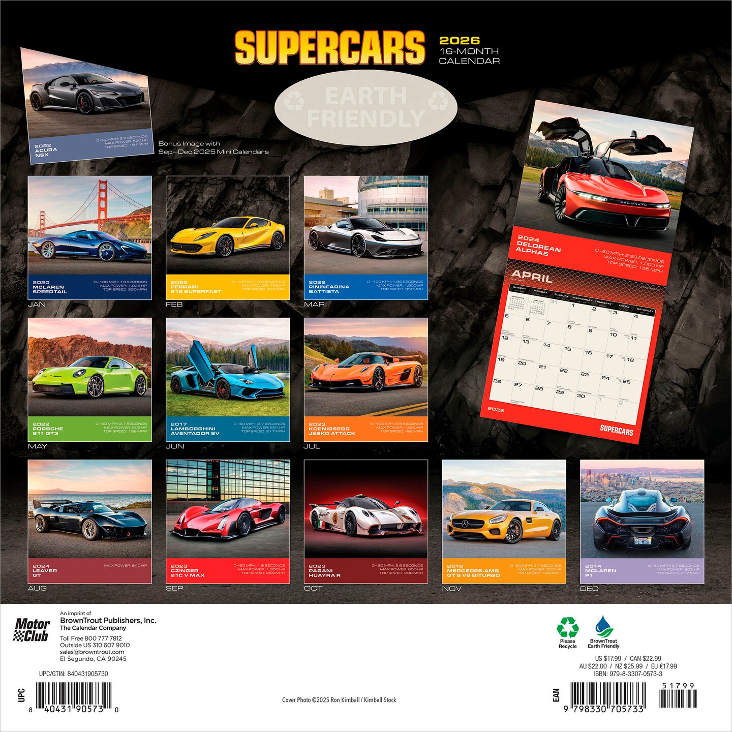 Supercars | 2026 12 x 24 Inch (Hanging) Monthly Square Wall Calendar | Plastic-Free