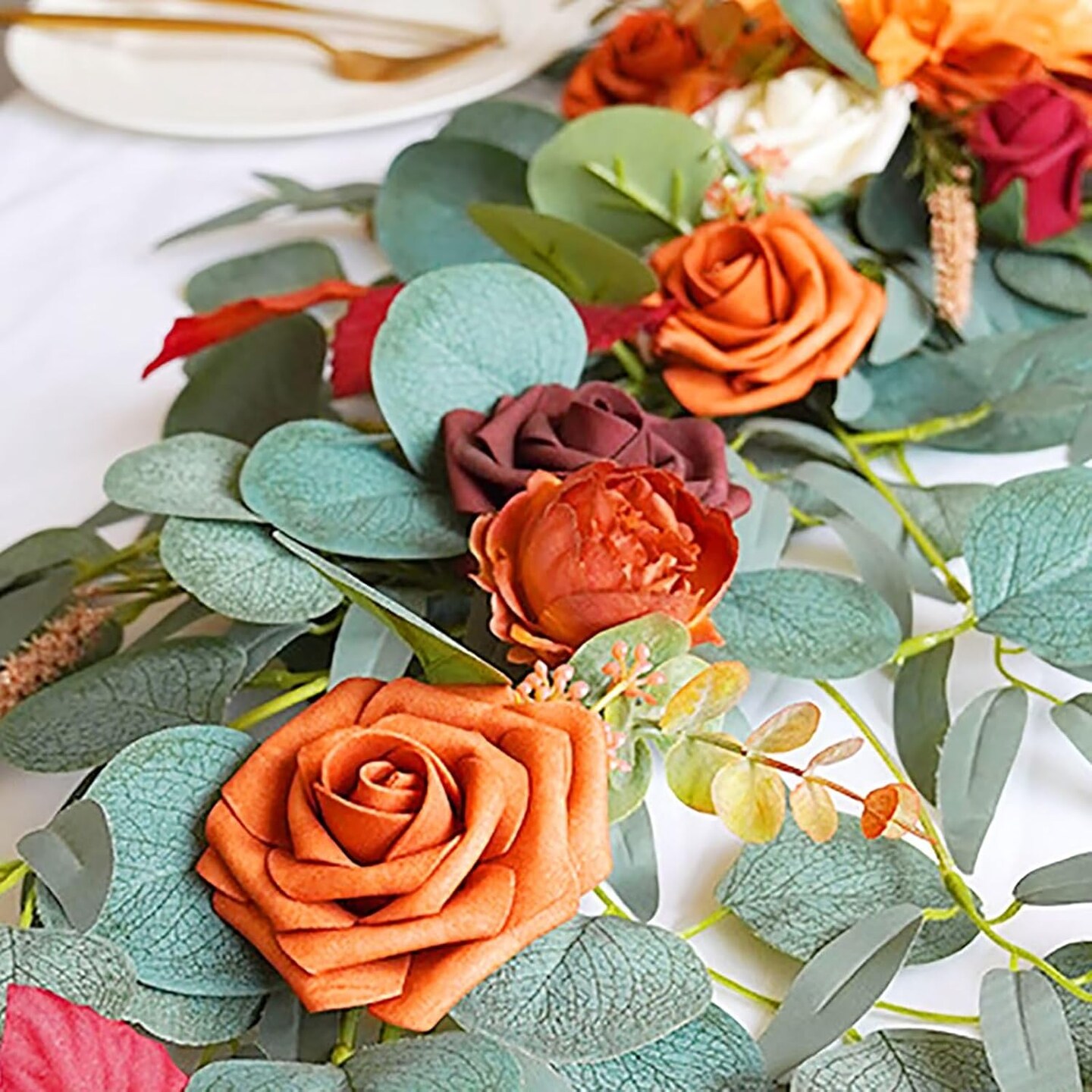 Garland with Flowers, 5.9 ft Artificial Table Runner Decor Burnt Orange Fake Rose Garland for Wedding Centerpieces