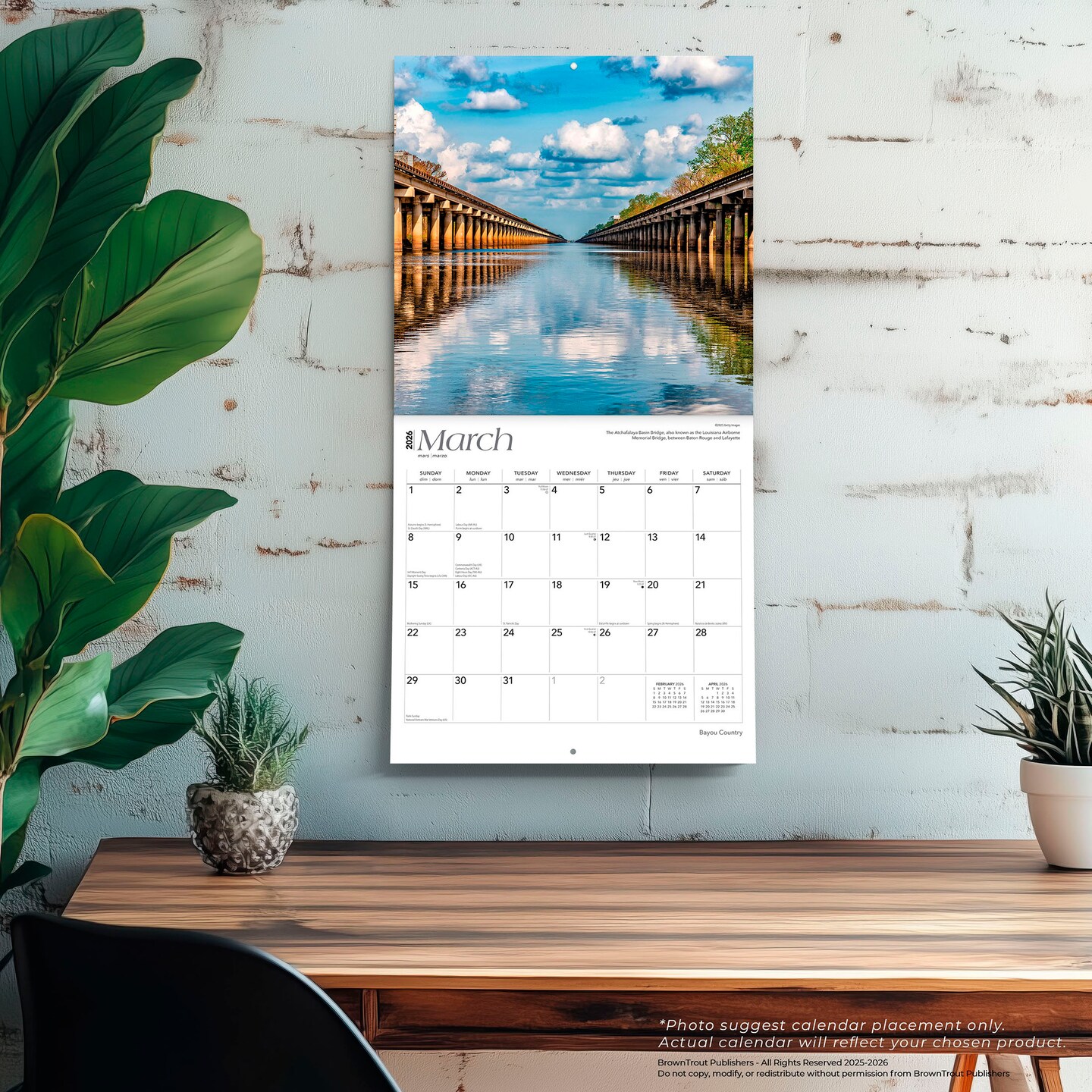 Bayou Country | Louisiana Places | 2026 12 x 24 Inch (Hanging) Monthly Square Wall Calendar | Plastic-Free