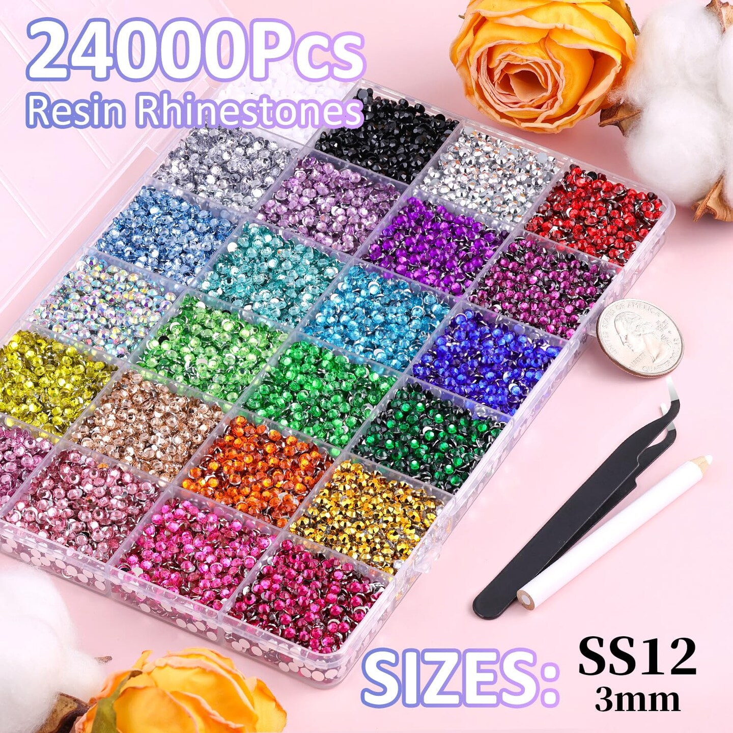 24000Pcs 3mm Resin Rhinestones with 3Pcs 10ml B7000 Jewelry Glue - Multicolored