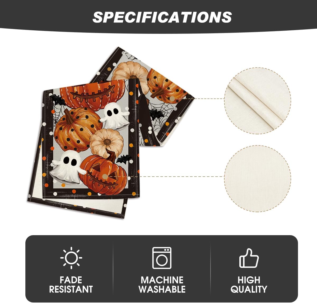 Jack-O&#x27;-Lantern Pumpkin Ghost Spider Web Halloween Table Runner - Black Beige