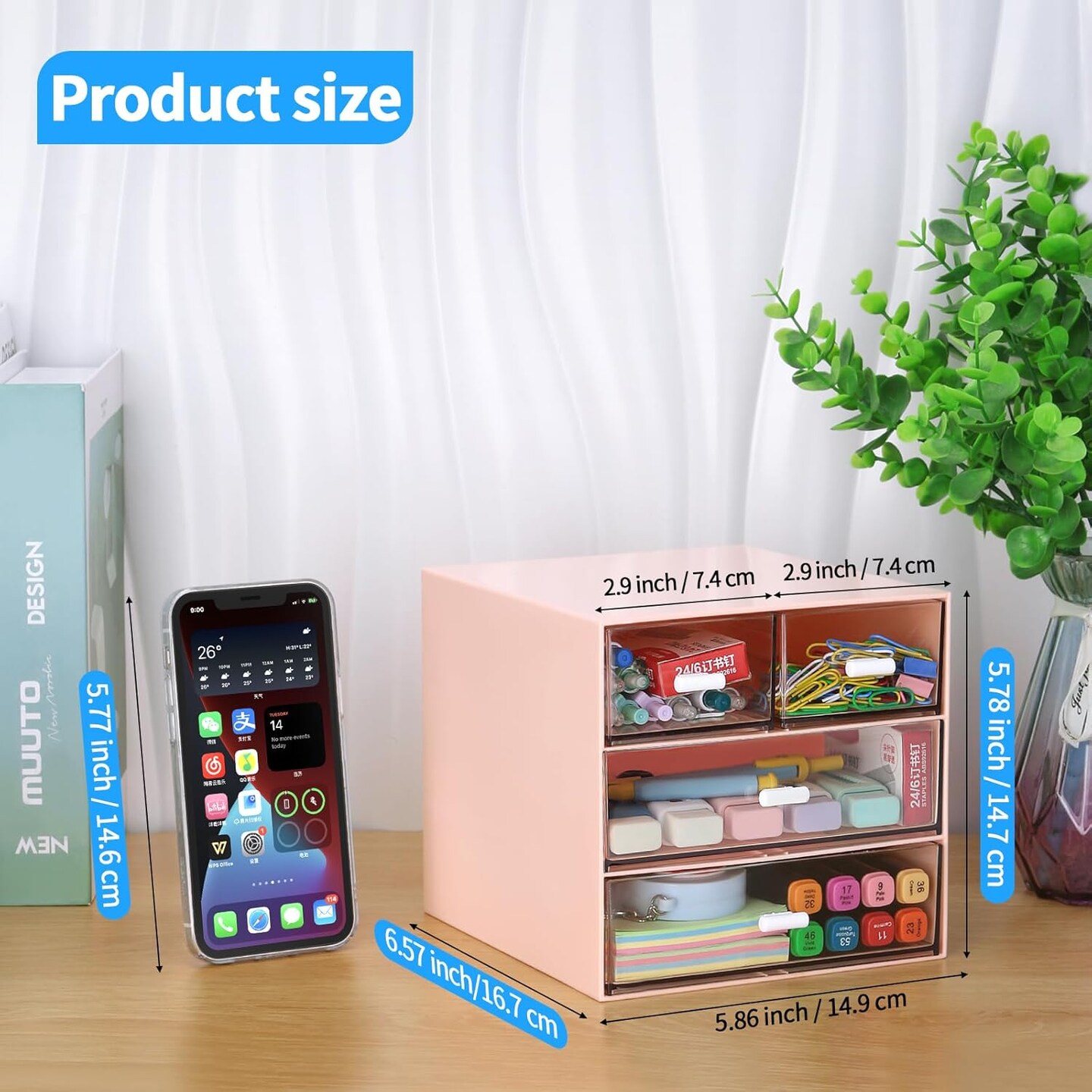 Desk Organizer with 4 Drawers – Clear Plastic Desktop Storage Box for Office Supplies, Makeup, and Accessories, Pink (Pink w 4Draws)