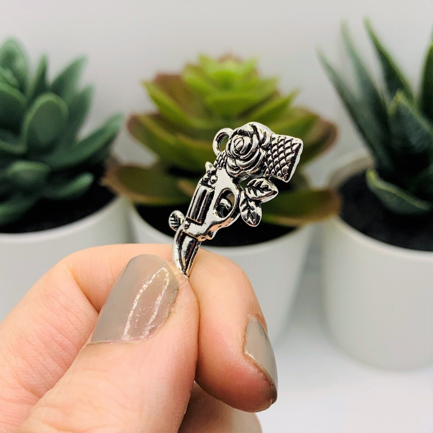 Silver Gun and Rose Charms, 33x16mm