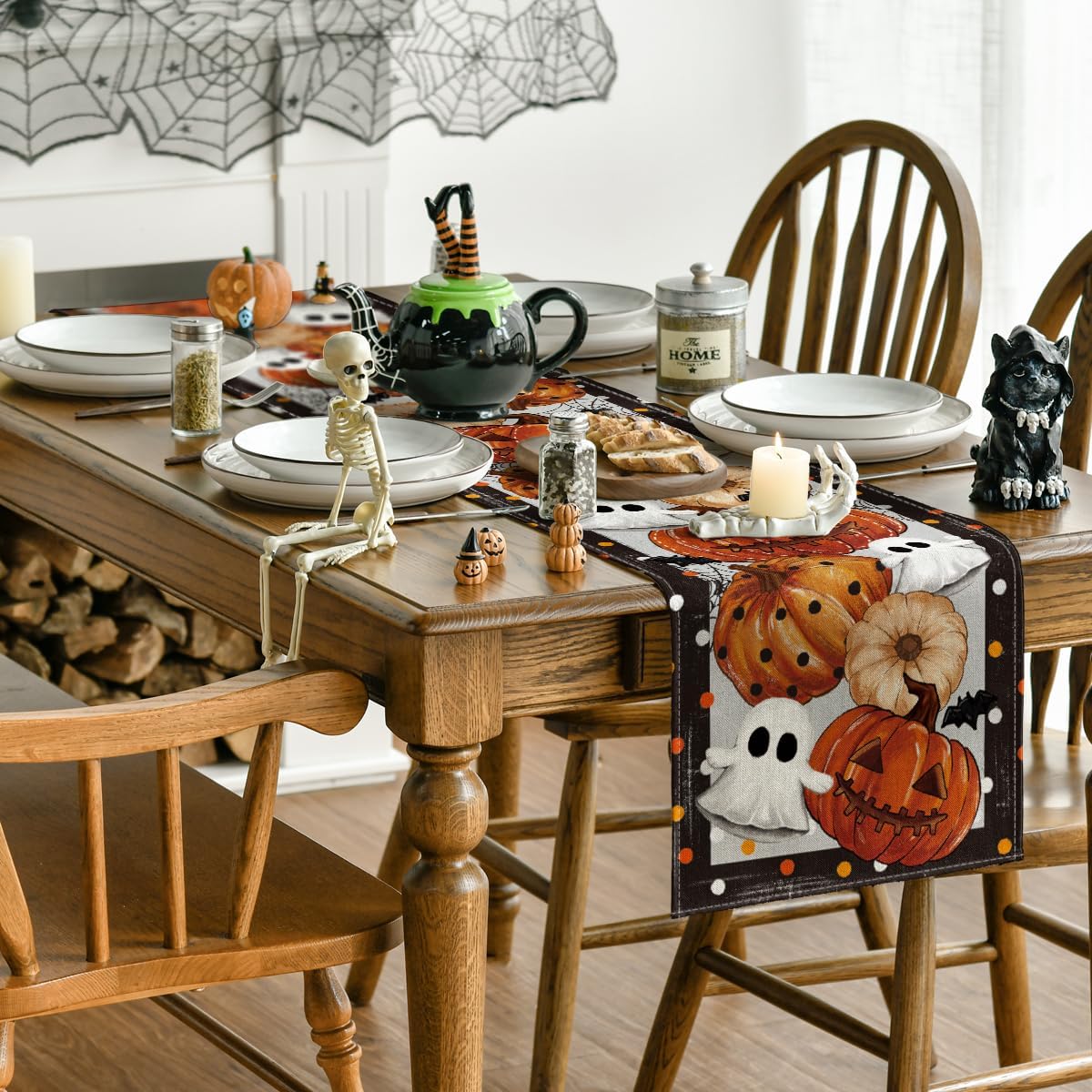 Jack-O&#x27;-Lantern Pumpkin Ghost Spider Web Halloween Table Runner - Black Beige