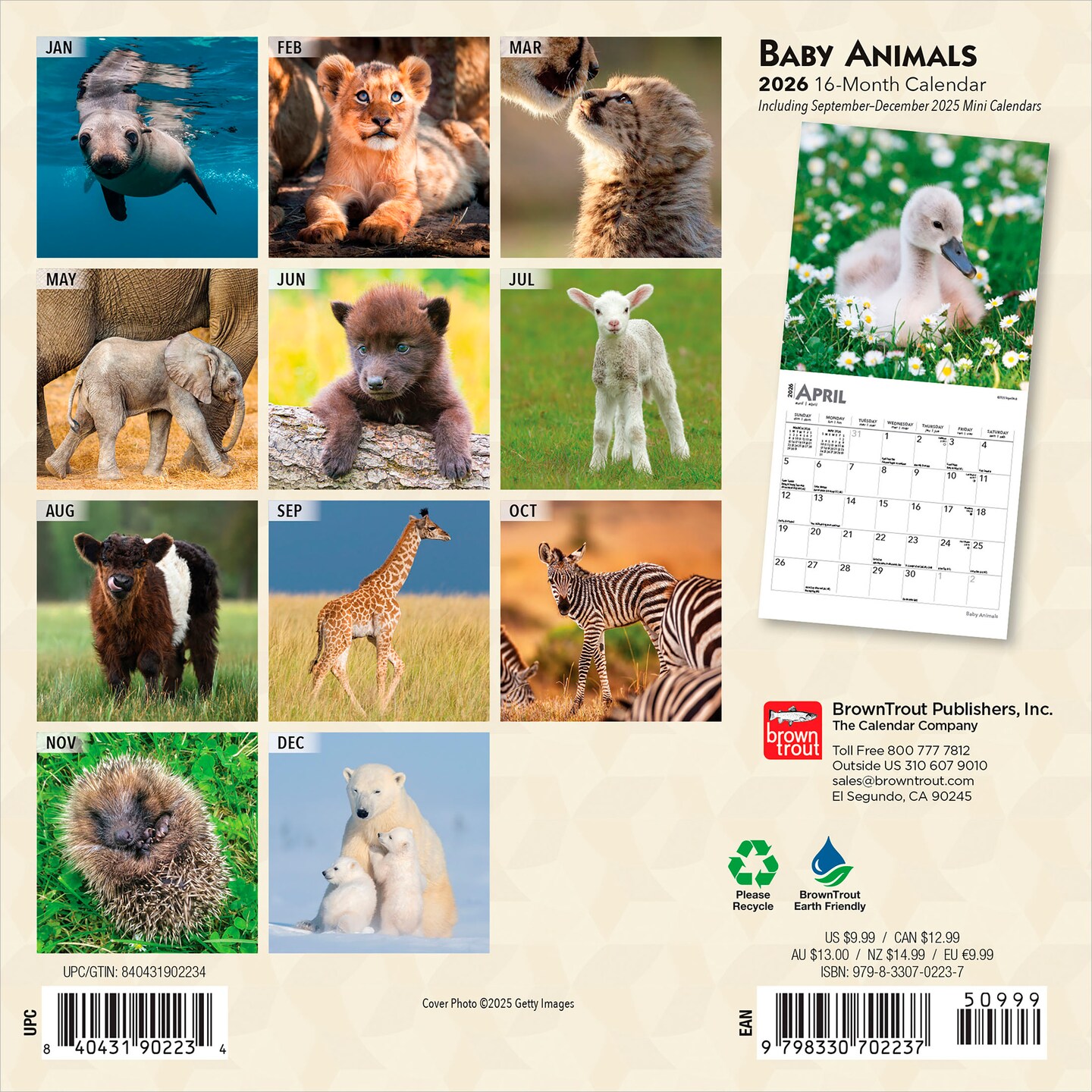 Baby Animals | 2026 7 x 14 Inch (Hanging) Monthly Mini Wall Calendar