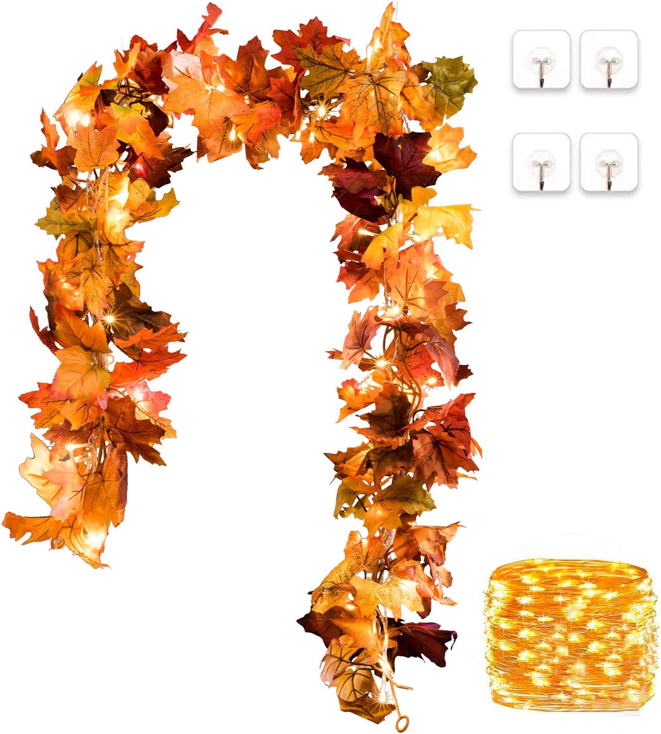 2 Pack Fall Maple Lighted Leaf Garland - 5.9Ft/Piece - 40 LED (Orange)