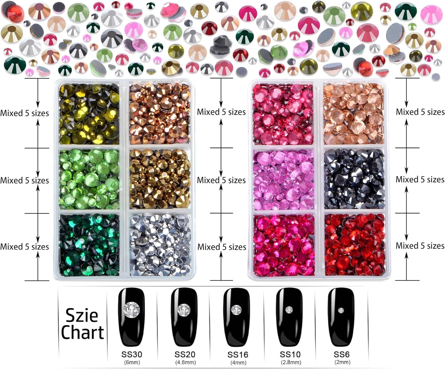 6400 Pieces Hotfix Flat Back Rhinestones - 5 Mixed Sizes (12 Colors Set B)
