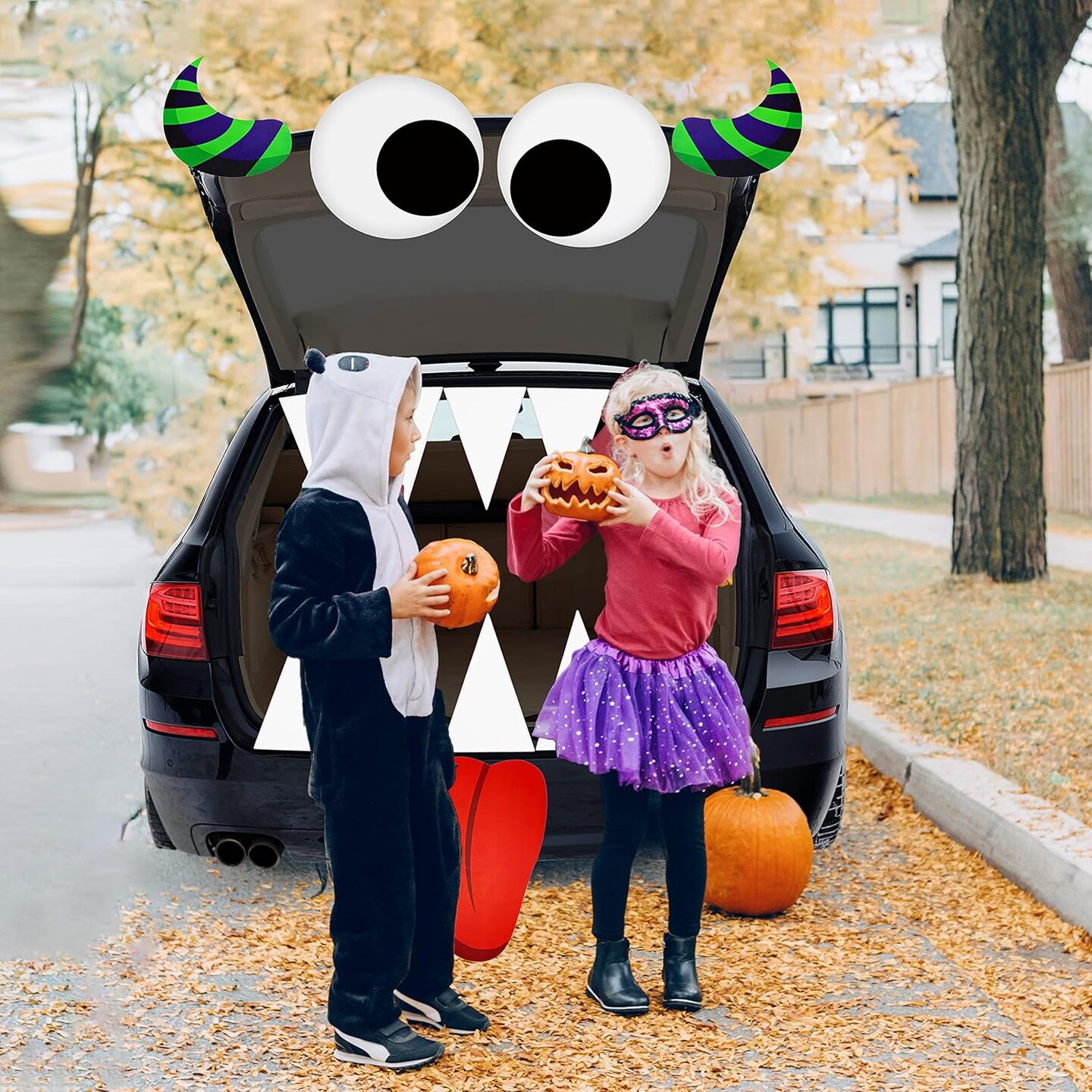 4E&#x27;s Novelty Monster Trunk or Treat Car Decoration Kit &#x2013; Huge Eye Monster Face with Teeth, Tongue, Horns, Waterproof PVC Outdoor Halloween Garage Door &#x26; Car SUV Decorations for Kids Party