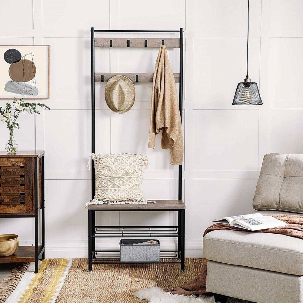 Greige Modern Entryway Coat Rack with Shoe Storage Bench 9 Hooks and Black Steel Frame