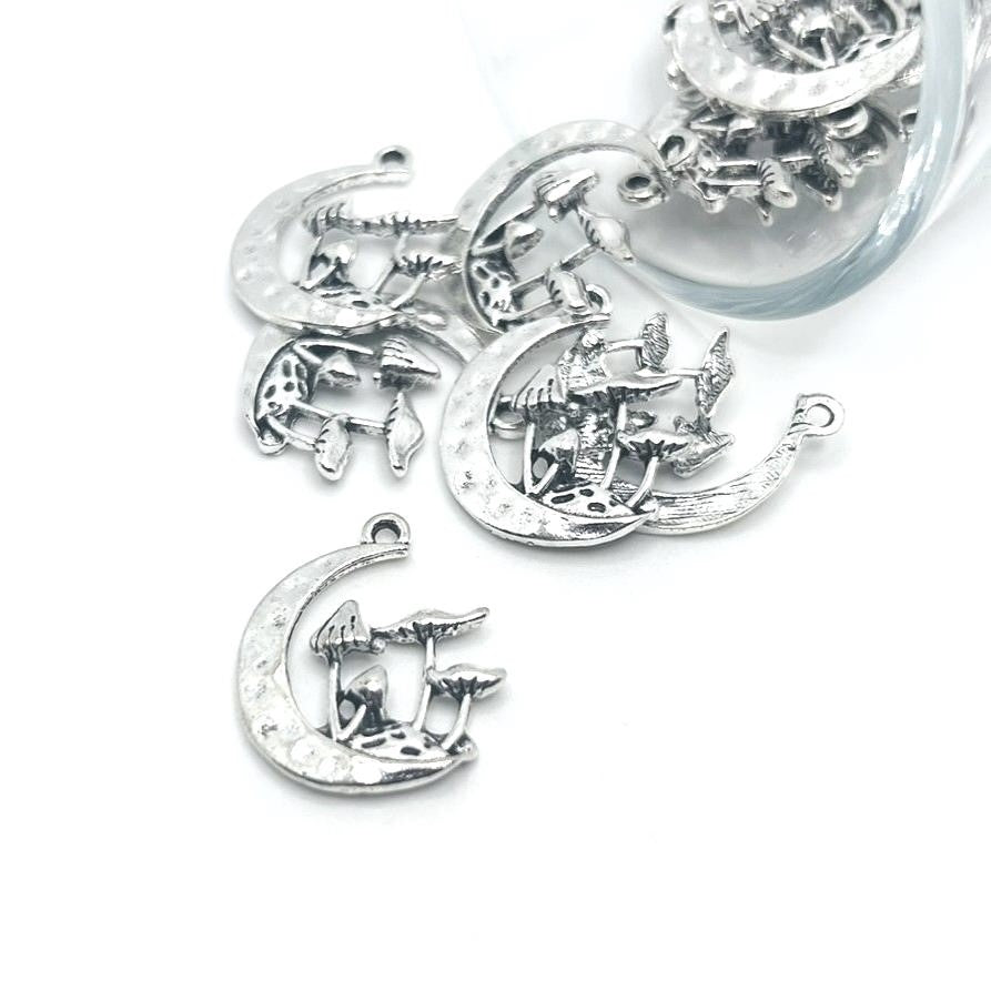 Silver Mushroom Pendant Charm in Moon, 22x18mm