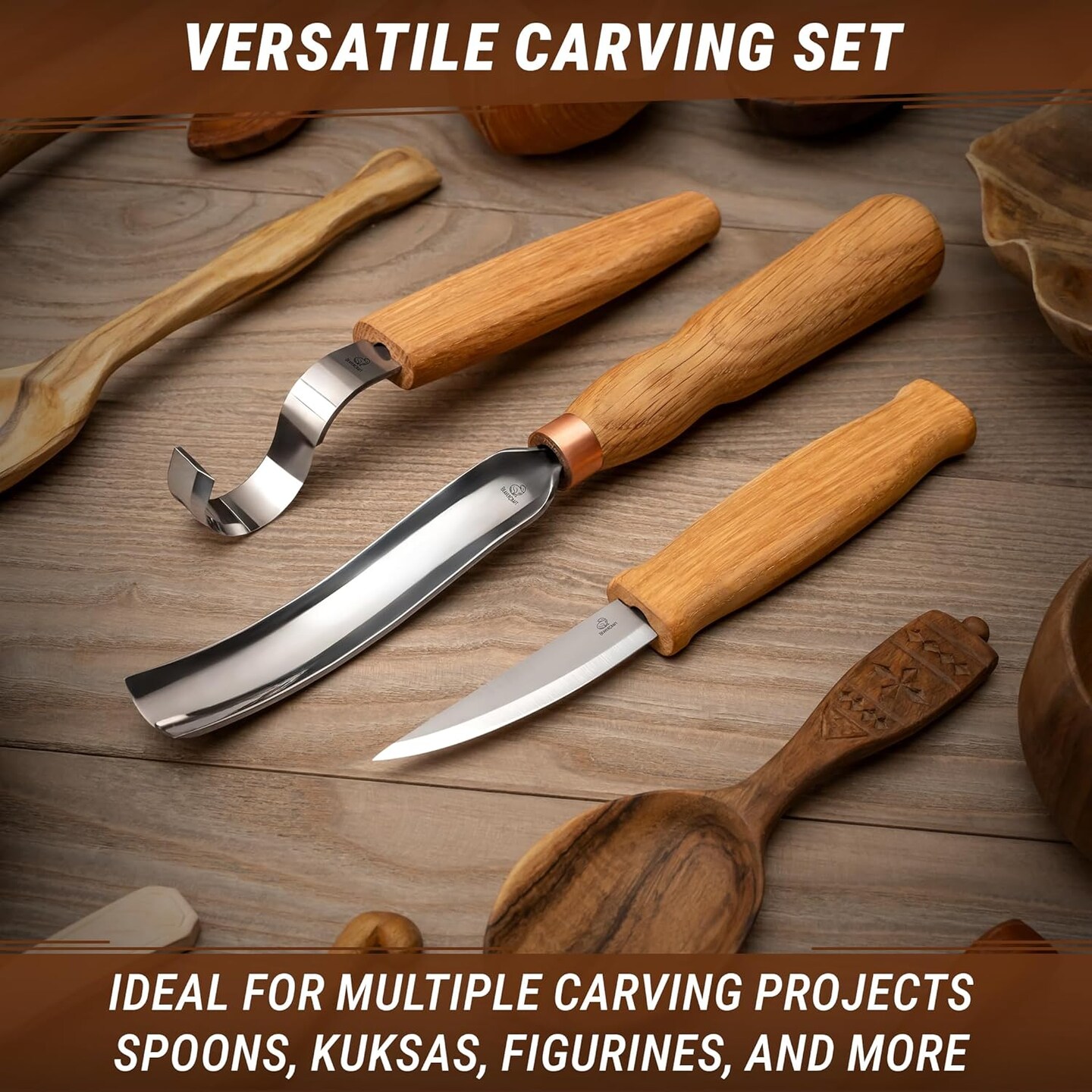 S14 Spoon Carving Kit – Wood Carving Knives & Chisels Set for Beginners (Silver)