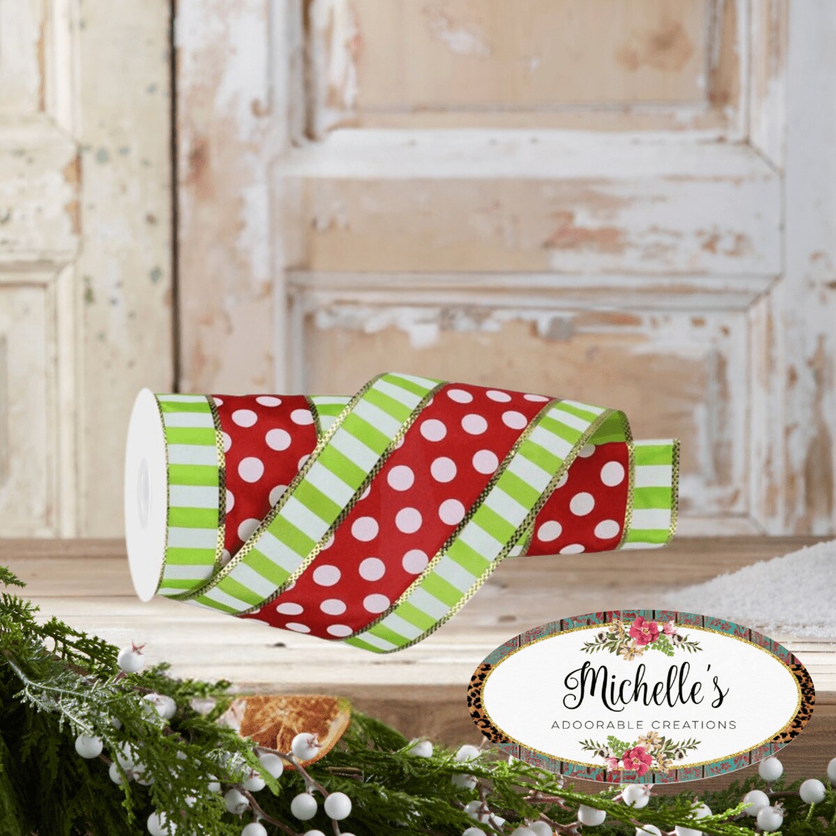 4&#x22; Striped Edge Polka Dot Ribbon: Red, Lime &#x26; White (10 Yards)