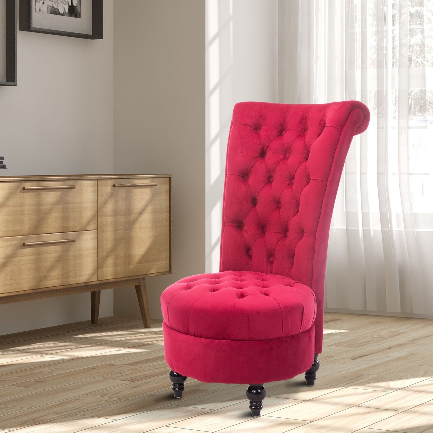 Rich Red Velvet Tufted High Back Accent Chair with Birch Wood Frame and Padded Cushion