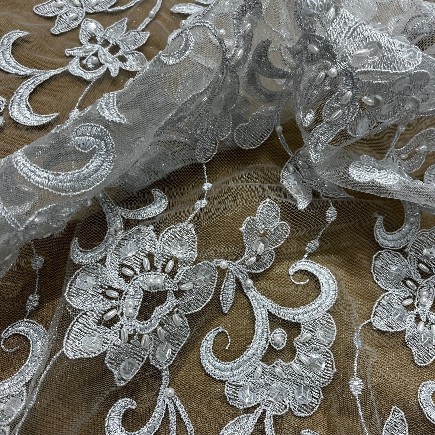 1 Yard Silver Beaded Corded Bridal Lace Fabric Embroidered Elegant Net Mesh Gown 52" Width