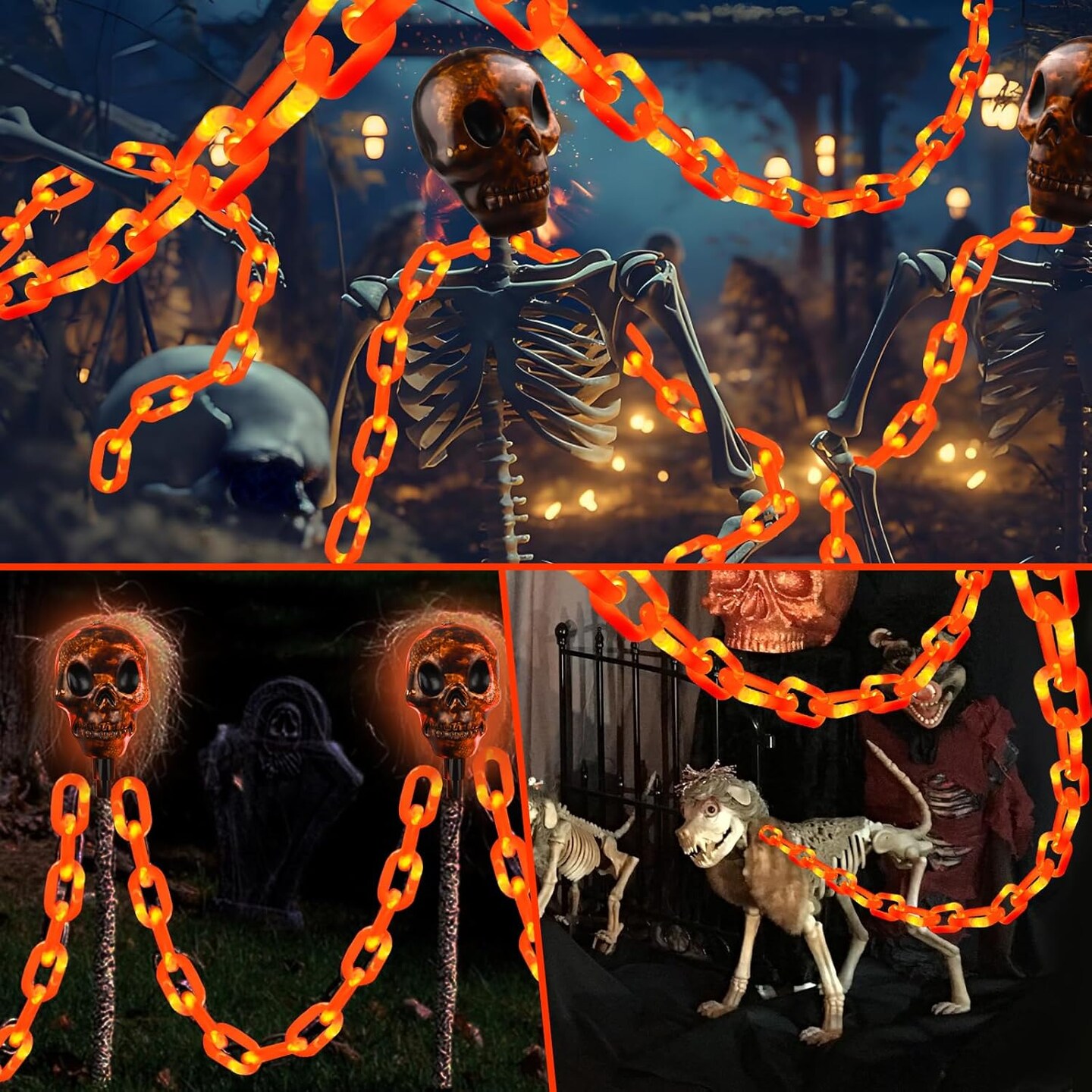 Battery-Powered Plastic Skull Chain Lights – 5FT, 45 LED Orange Halloween String Lights with 8 Modes (Orange)