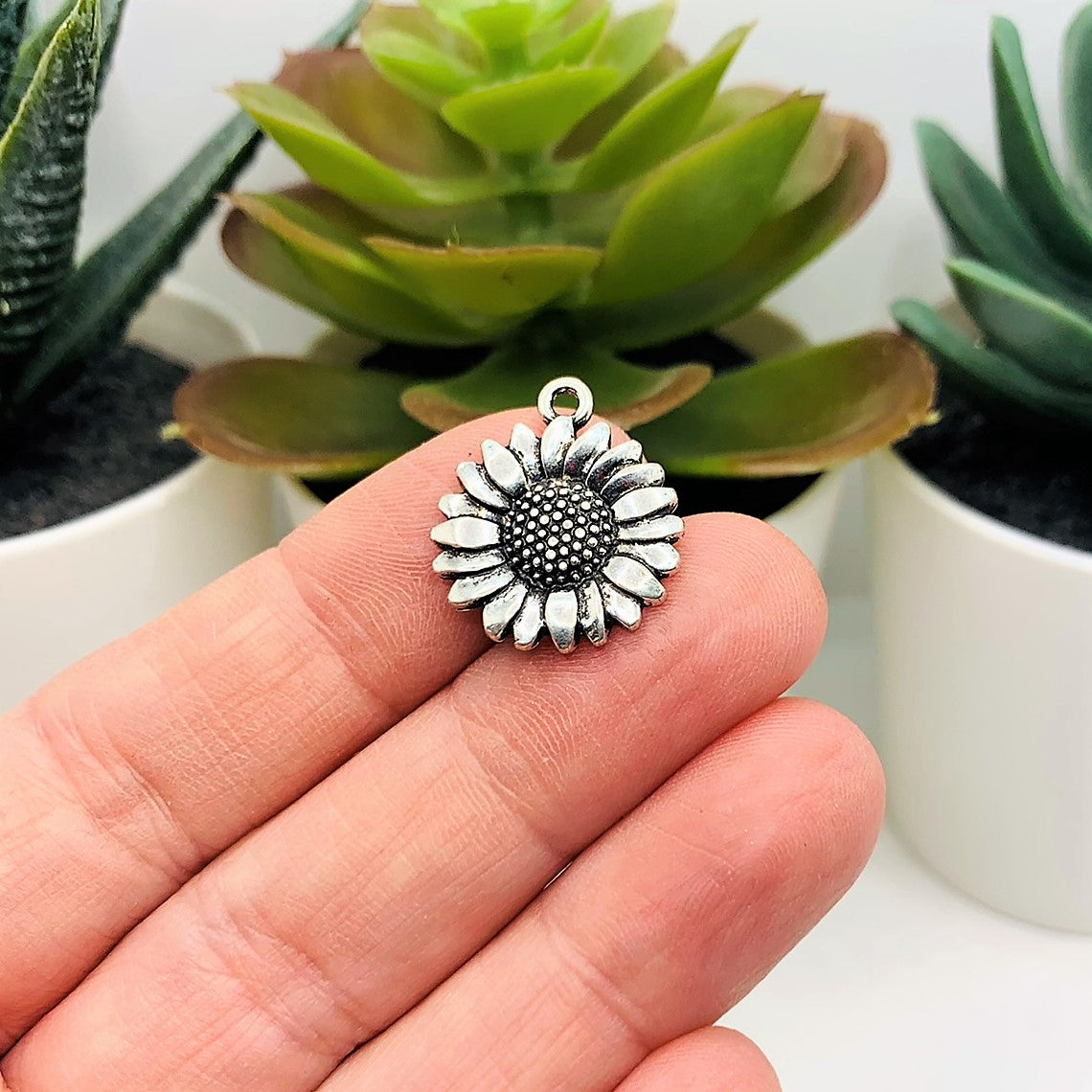 Small Antique Silver Sunflower Head Charms, 19x17mm
