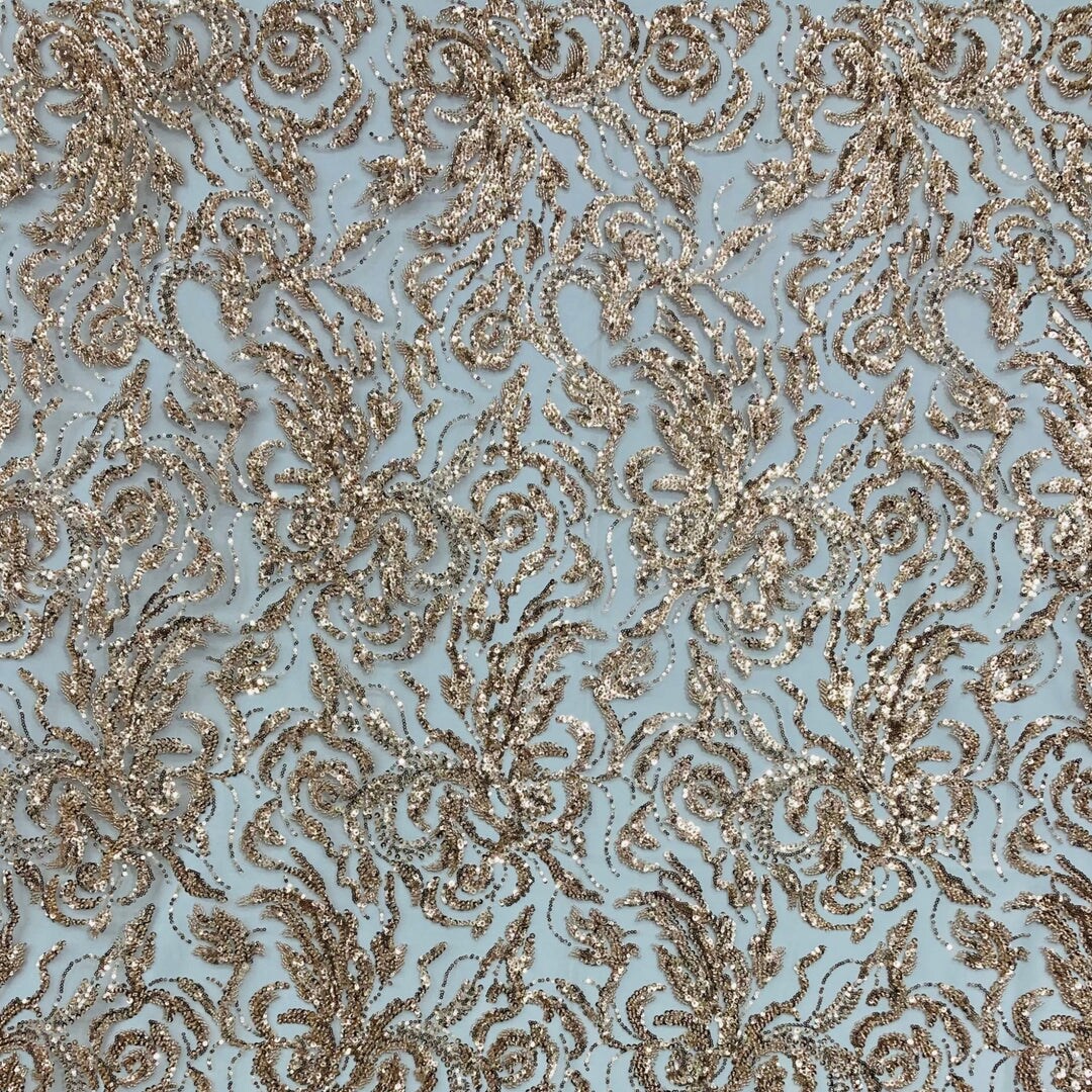 1 Yard Rose Gold Beaded & Sequined Embroidered Lace Fabric on Polyester Mesh, 54” Width