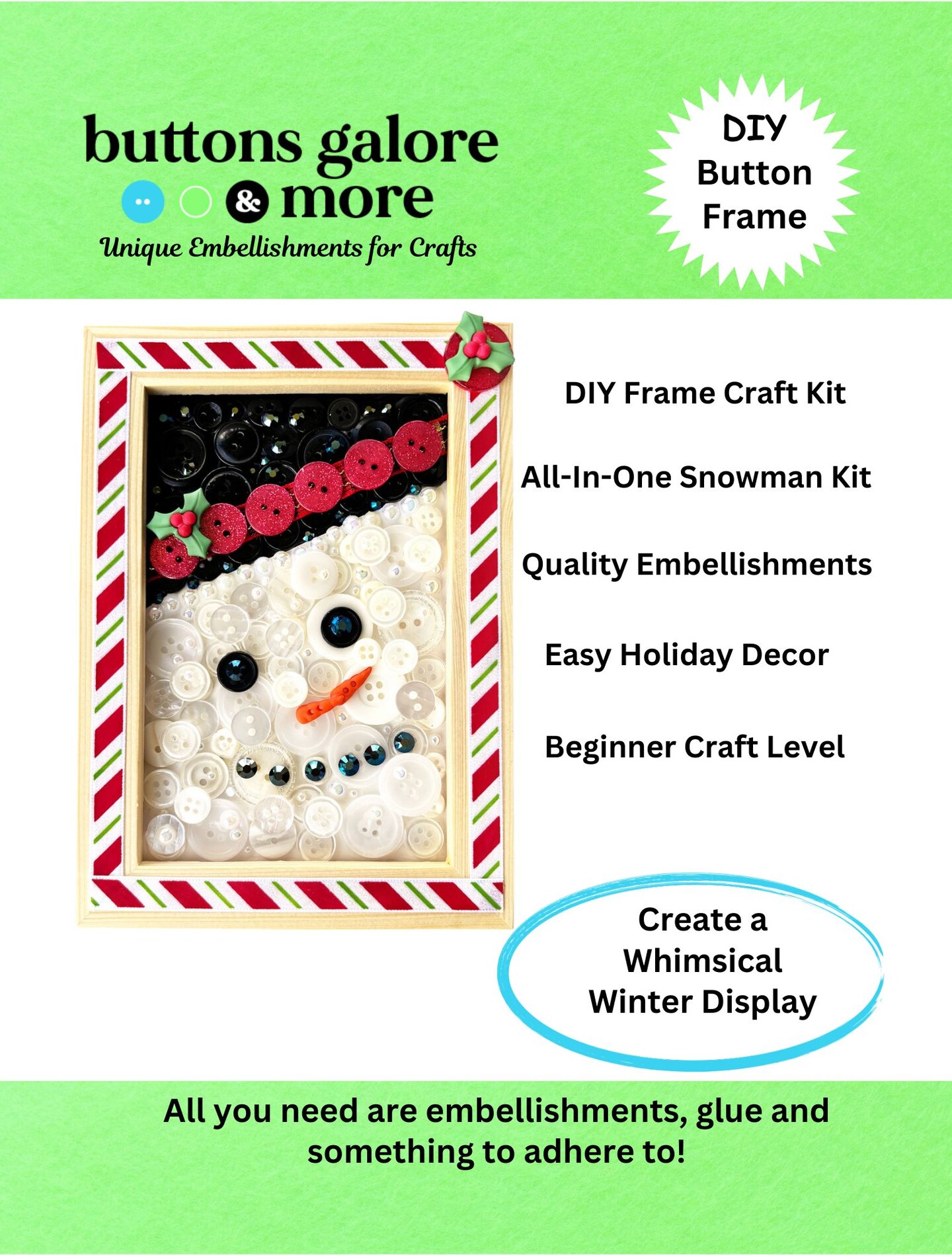Buttons Galore &#x26; More Winter Snowman DIY Button Art Frame Kit, Natural Wood with Black White Buttons, 5x7 Inches, Holiday Wall Decor, Ages 6+