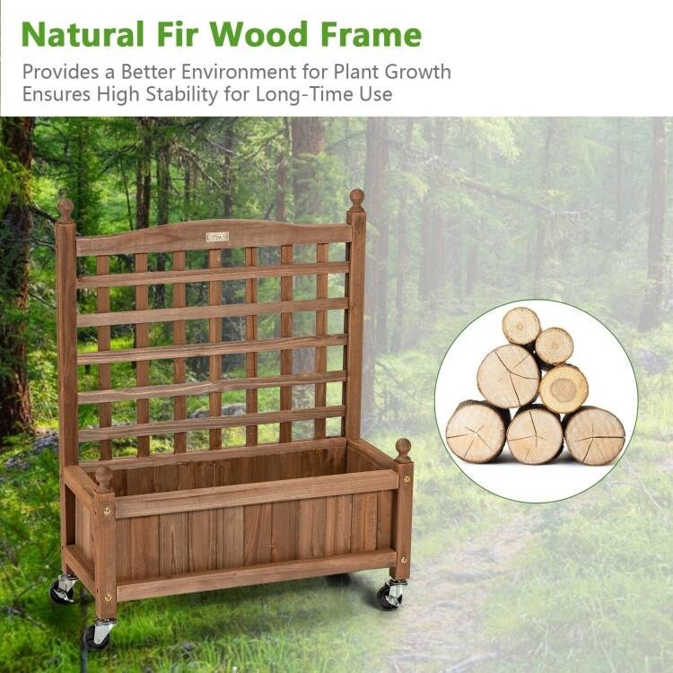 Dark Brown Fir Wood Plant Trellis Planter with Lockable Wheels and Deep 6.5" Planting Bed