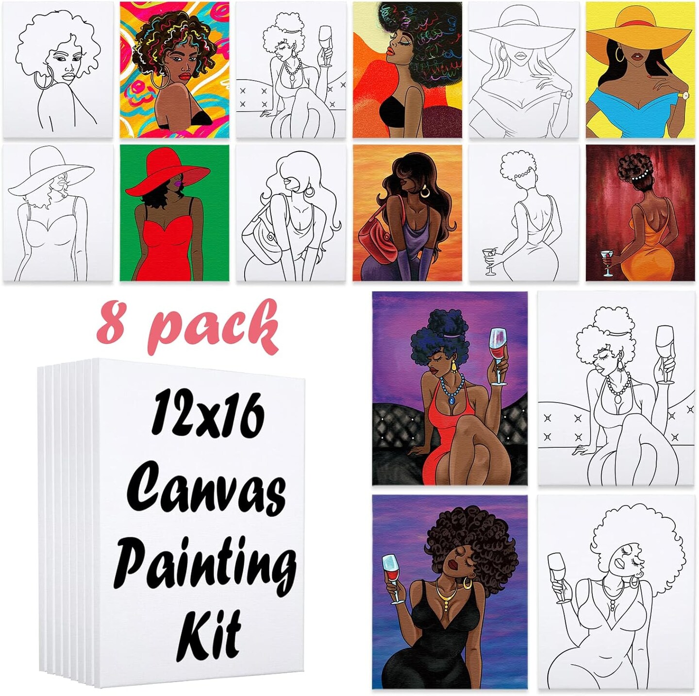 8-Pack Pre Drawn Canvas Painting Kit for Adults – 12x16 in Stretched Outline Canvas, Sip and Paint Party Supplies, Party Favor Kit for Beginners & Artists (Clear)