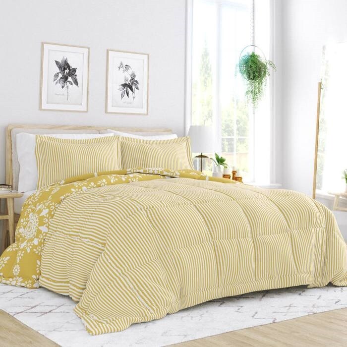 Reversible Daisy Medallion Striped Comforter Set Down Filled Microfiber with Pillow Shams