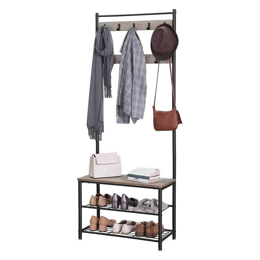 Greige Modern Entryway Coat Rack with Shoe Storage Bench 9 Hooks and Black Steel Frame