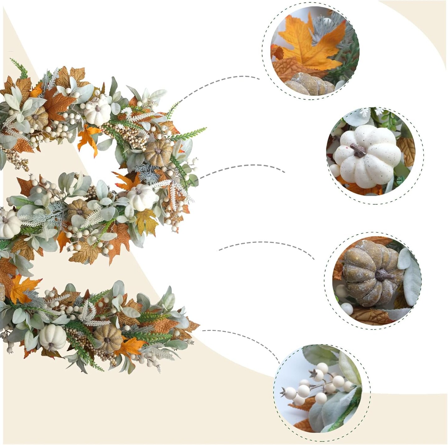 Autumn Pumpkin & Eucalyptus Fall Wreath – Thanksgiving Front Door Wreath with Berries, Lamb Ear Leaves, Pinecones & Grapevine Base for Home Porch & Wall Decor