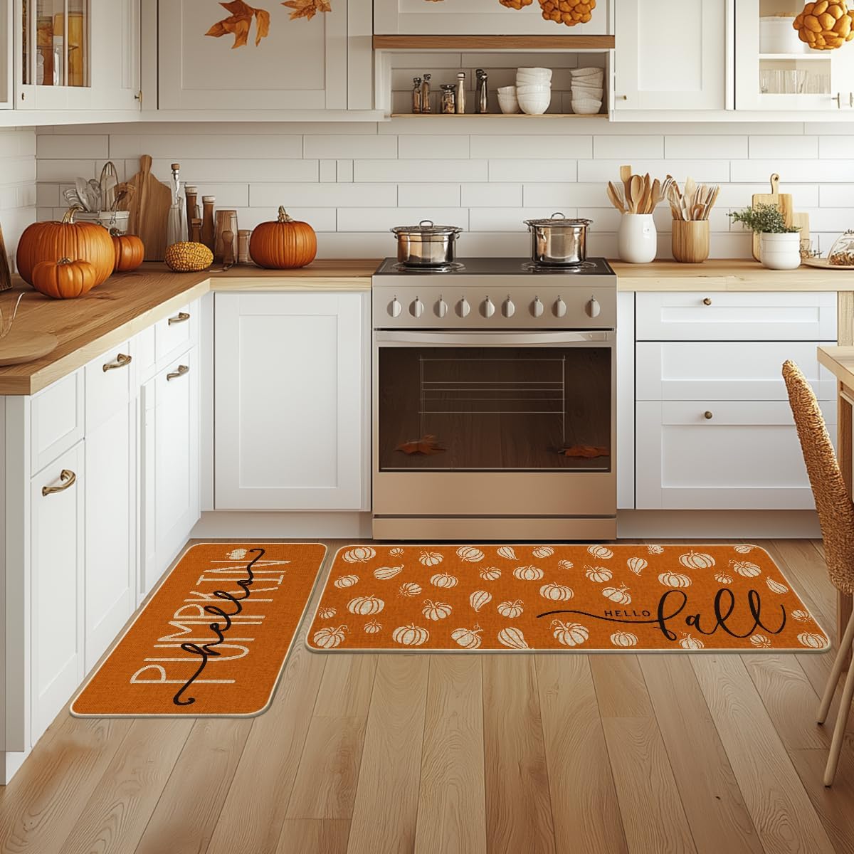 Orange Hello Pumpkin Fall Kitchen Mats Set of 2, Autumn Home Decor Low-Profile Kitchen Rugs for Floor - 17x29 and 17x47 Inch