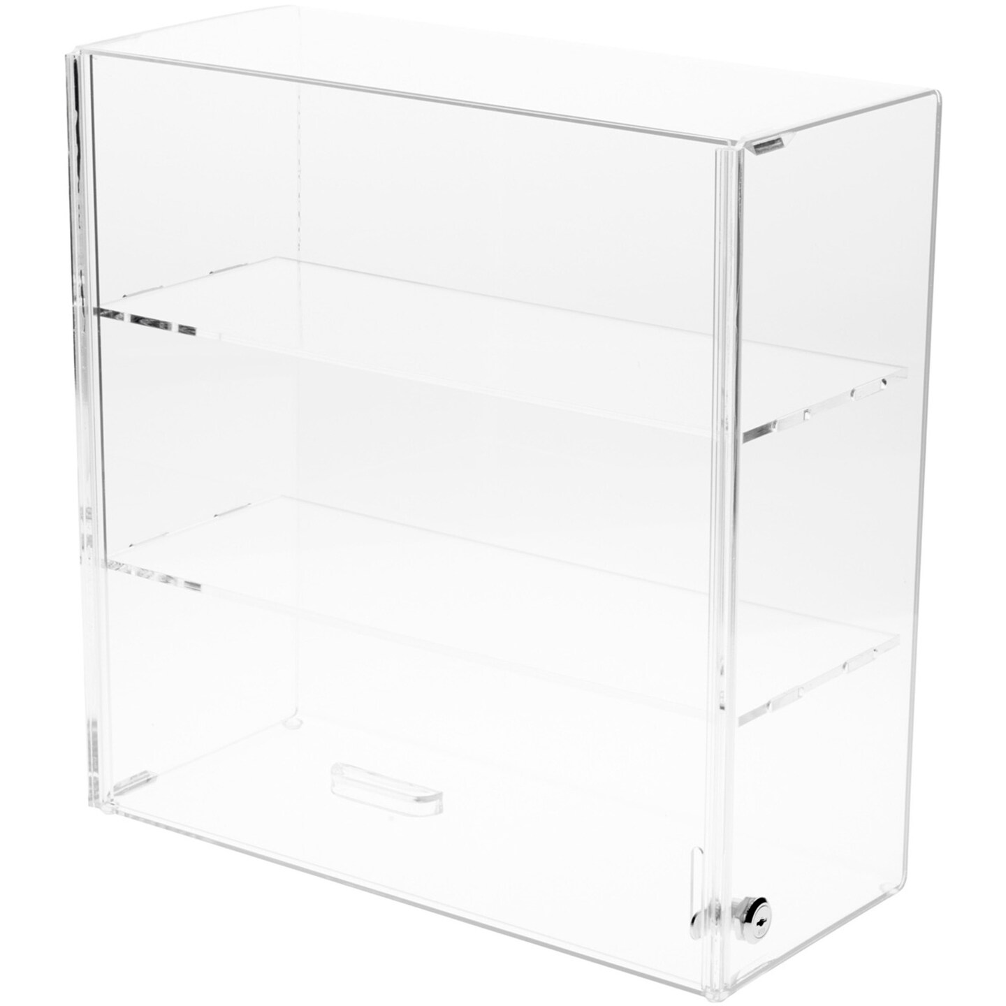 Plymor Clear Acrylic Locking Display Case with Sliding Back, 2 Shelves