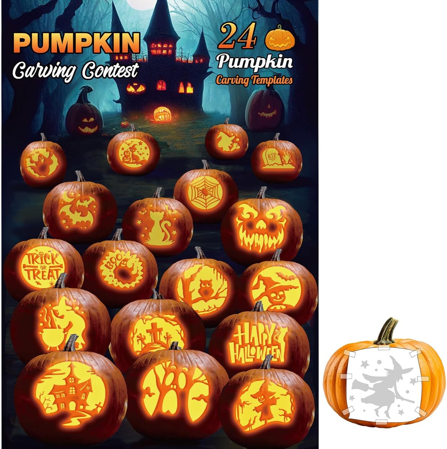 24 Styles Pumpkin Carving Stencils - Halloween Patterns & Templates