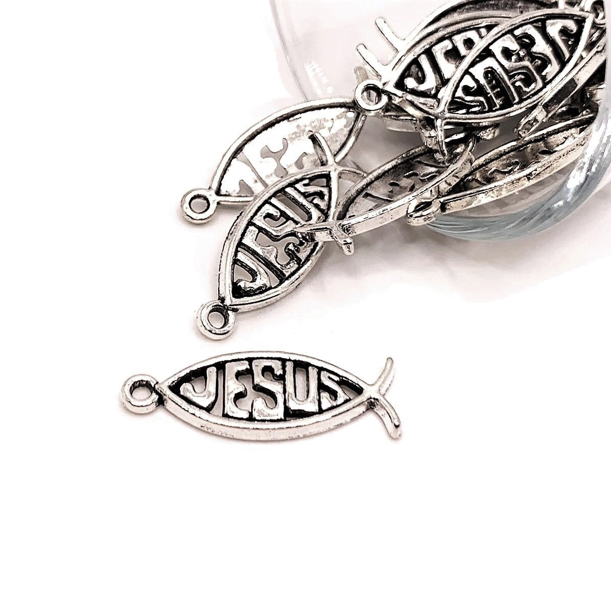 Silver Icthys Jesus Fish Charms, 26x10mm