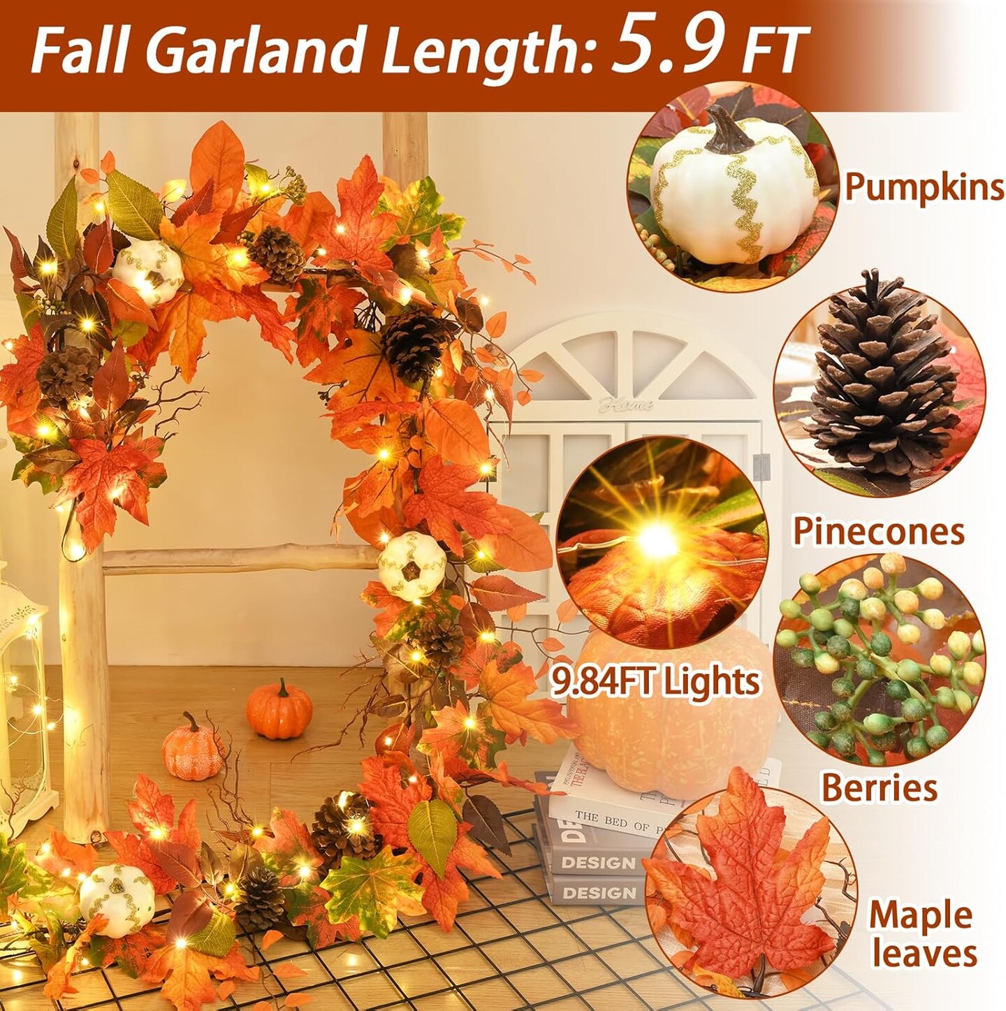 6 FT Fall Garland with White Gilded Pumpkins