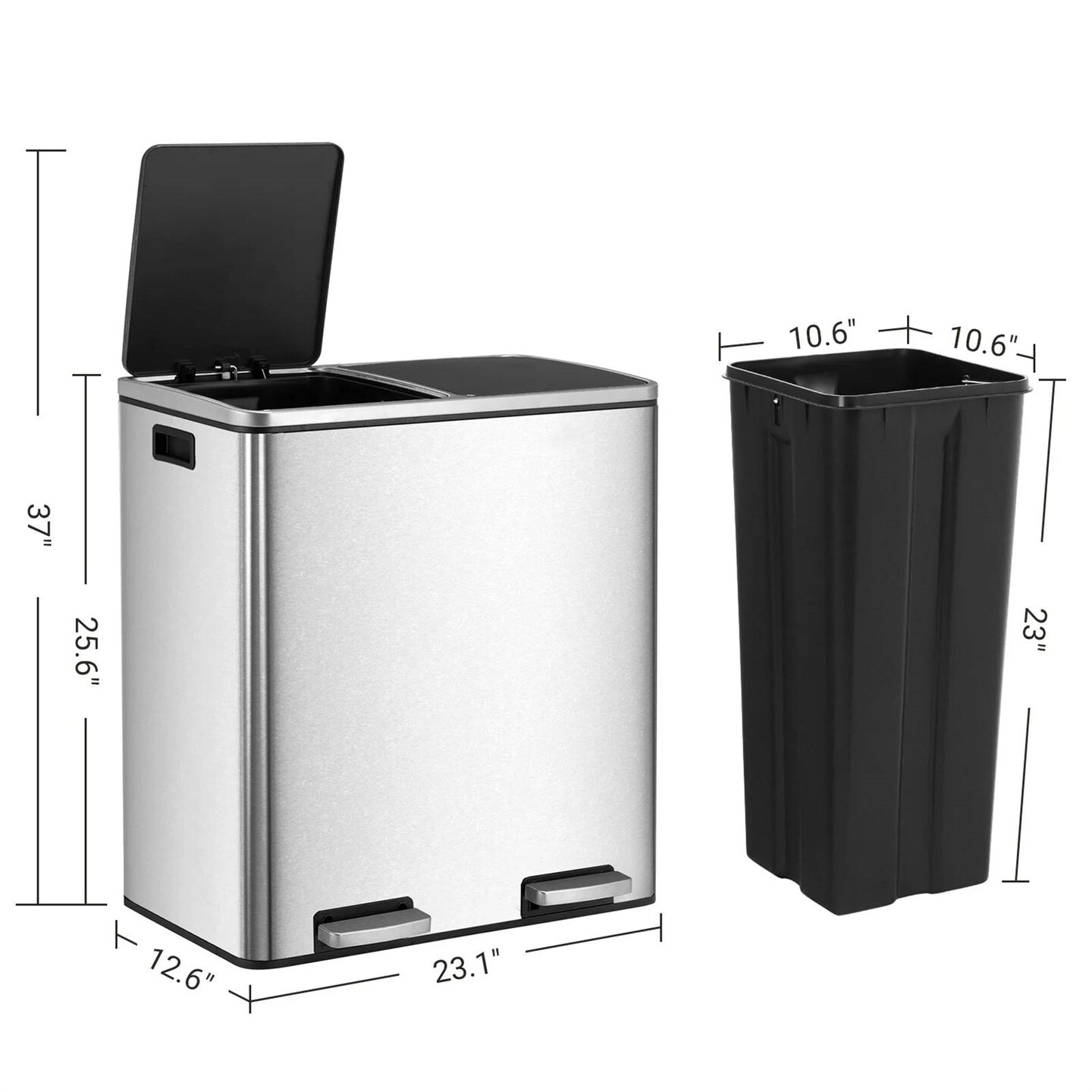 Silver Stainless Steel Dual Compartment Trash Can with Step-On Pedals and Soft Close