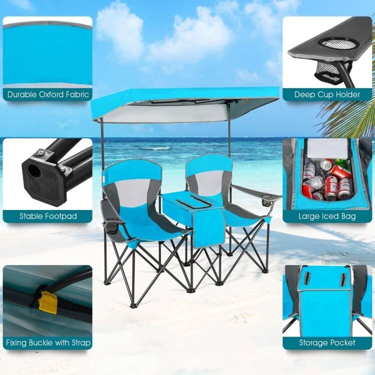 Steel Folding 2-Seater Camping Chair with Canopy and Cooler