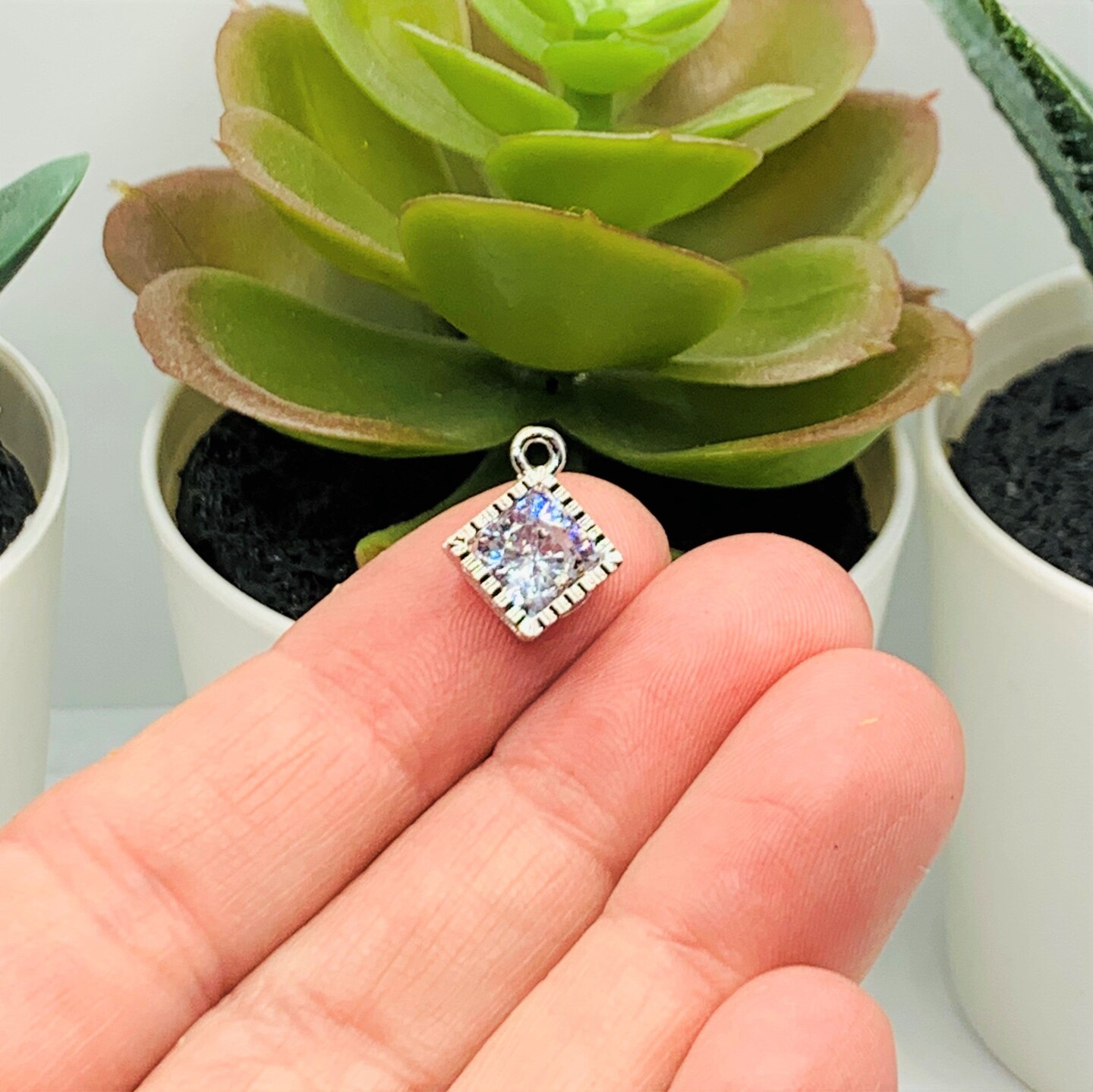 Cubic Zirconia Caged Rhombus Charms with Silver, 14x11mm