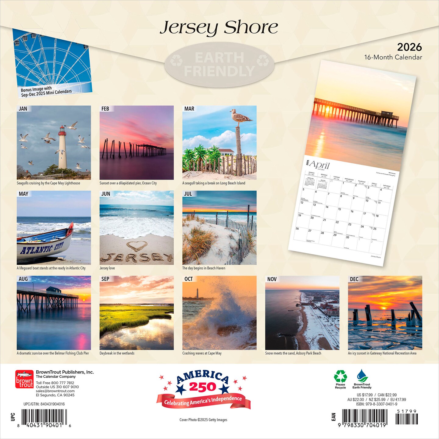 Jersey Shore | 2026 12 x 24 Inch (Hanging) Monthly Square Wall Calendar | Plastic-Free