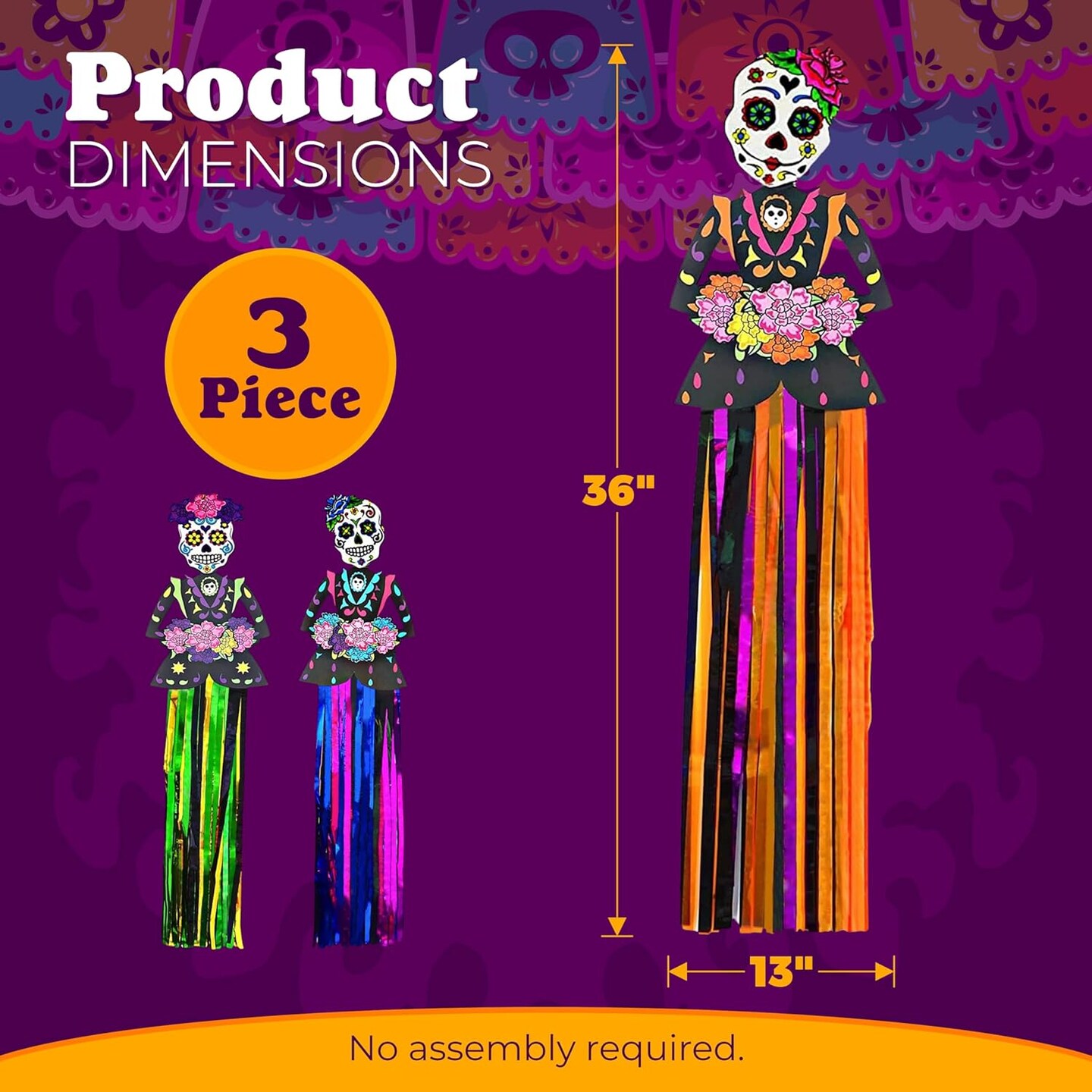 4E's Novelty Day of The Dead Hanging Decorations – 3 Pack 36" Sugar Skull Banners, Dia de Los Muertos Indoor Outdoor Party Supplies, Halloween Vertical Backdrop for Home, Yard, Door, Window Decor
